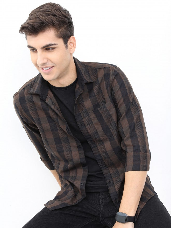 Highlander Men Brown/Black Slim Fit Casual Shirt - Brown - Image 1