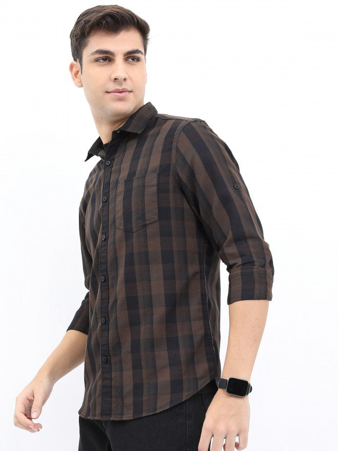 Highlander Men Brown/Black Slim Fit Casual Shirt - Brown - Image 4
