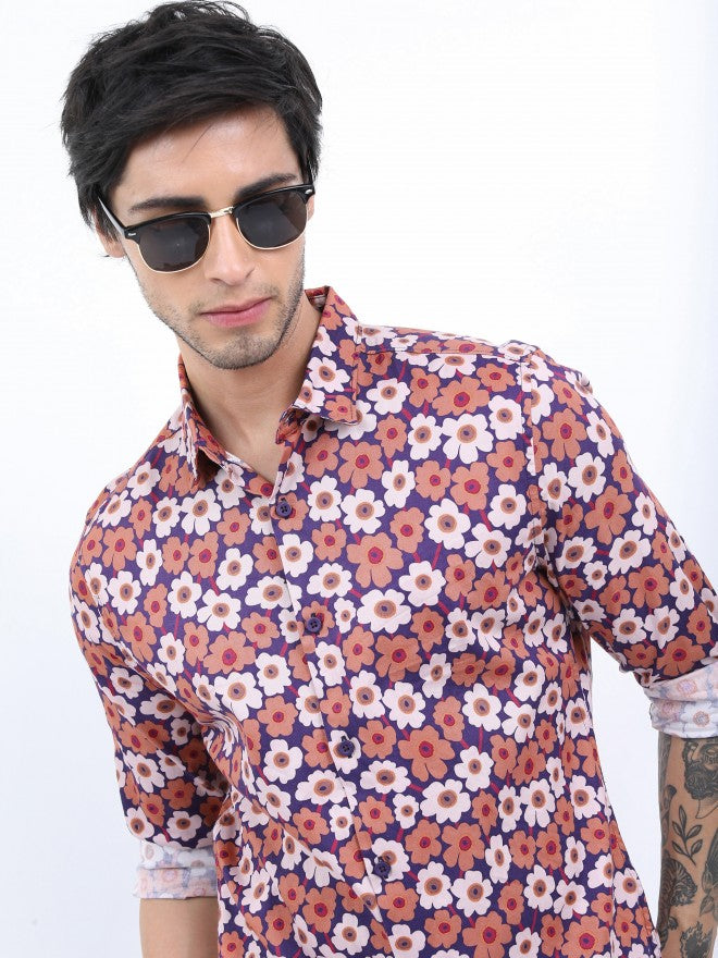 Highlander Men Rust Printed Slim Fit Casual Shirt - Terracotta - Image 1