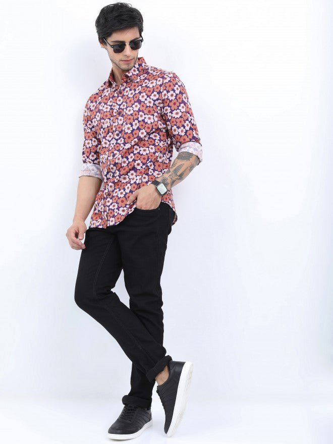Highlander Men Rust Printed Slim Fit Casual Shirt - Terracotta - Image 2
