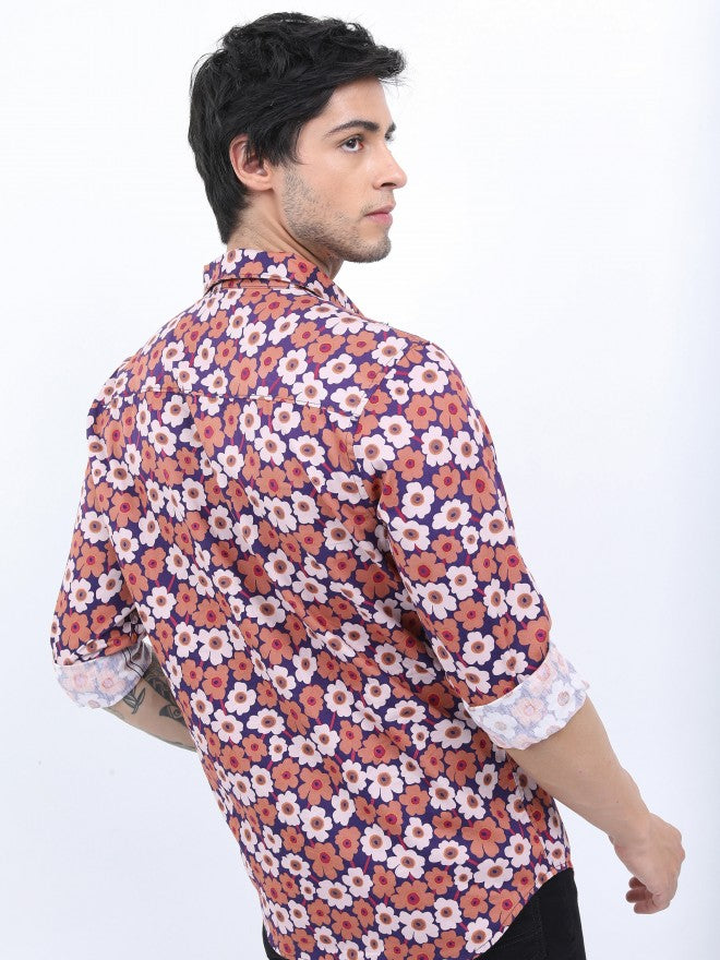 Highlander Men Rust Printed Slim Fit Casual Shirt - Terracotta - Image 3