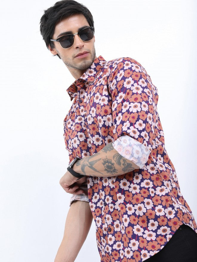 Highlander Men Rust Printed Slim Fit Casual Shirt - Terracotta - Image 4