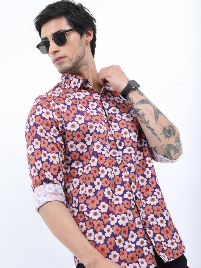 Highlander Men Rust Printed Slim Fit Casual Shirt - Terracotta - Image 6