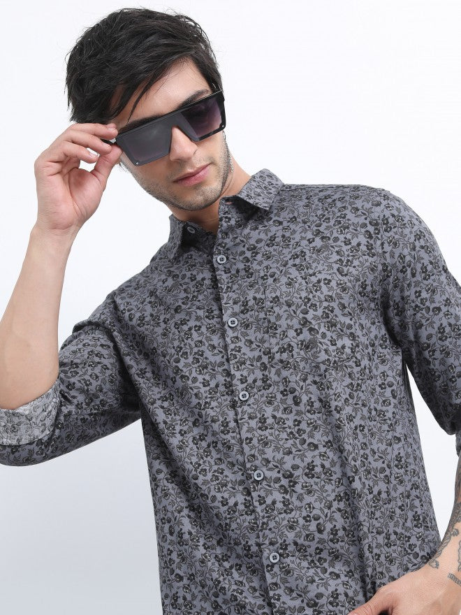 Highlander Men Grey Printed Slim Fit Casual Shirt - Grey - Image 1