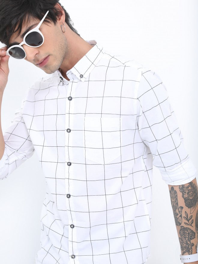 Highlander Men White Checked Slim Fit Casual Shirt - White - Image 1