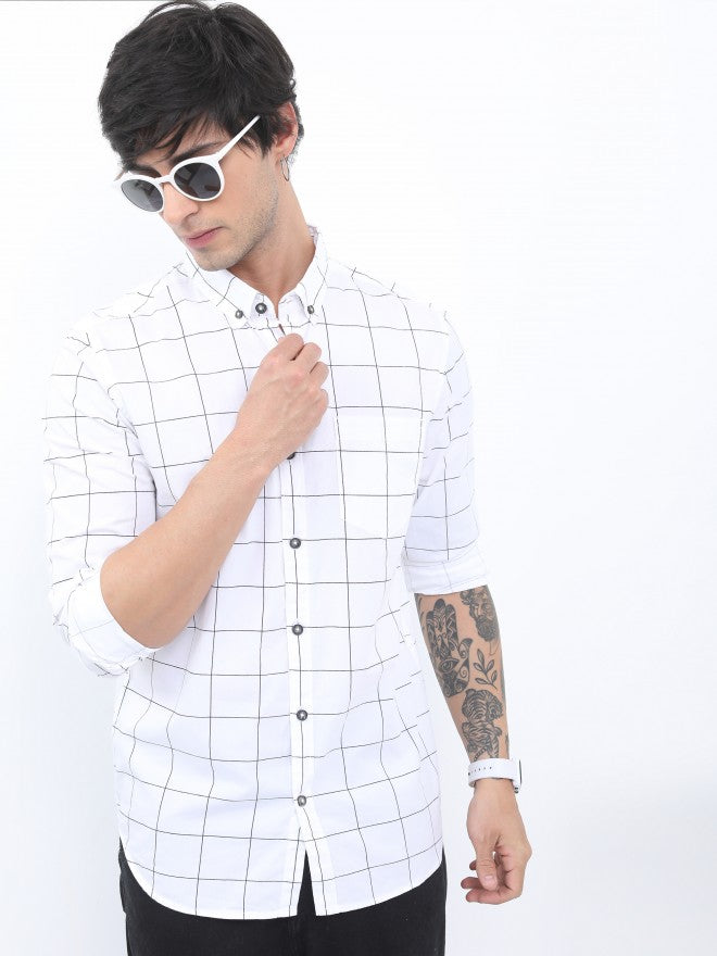 Highlander Men White Checked Slim Fit Casual Shirt - White - Image 4