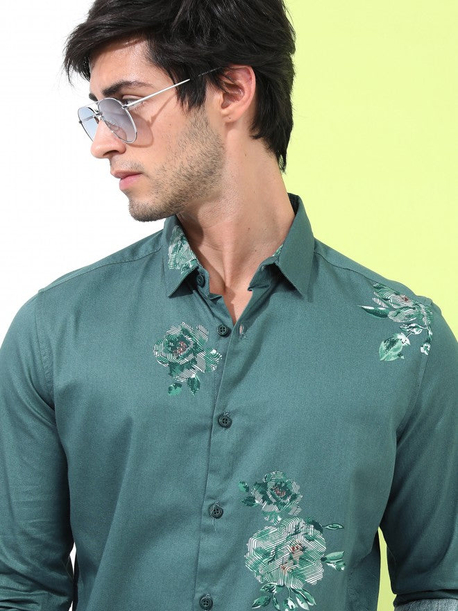 Highlander Men Teal Printed Slim Fit Casual Shirt - Teal - Image 1