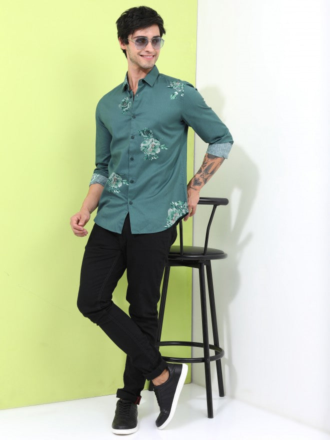 Highlander Men Teal Printed Slim Fit Casual Shirt - Teal - Image 2