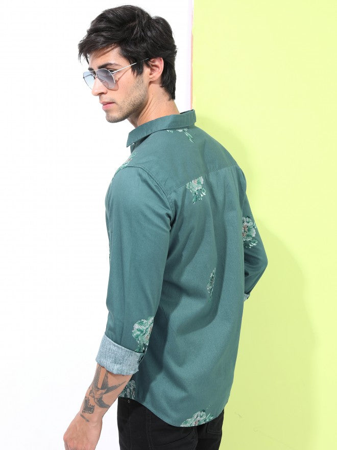 Highlander Men Teal Printed Slim Fit Casual Shirt - Teal - Image 3