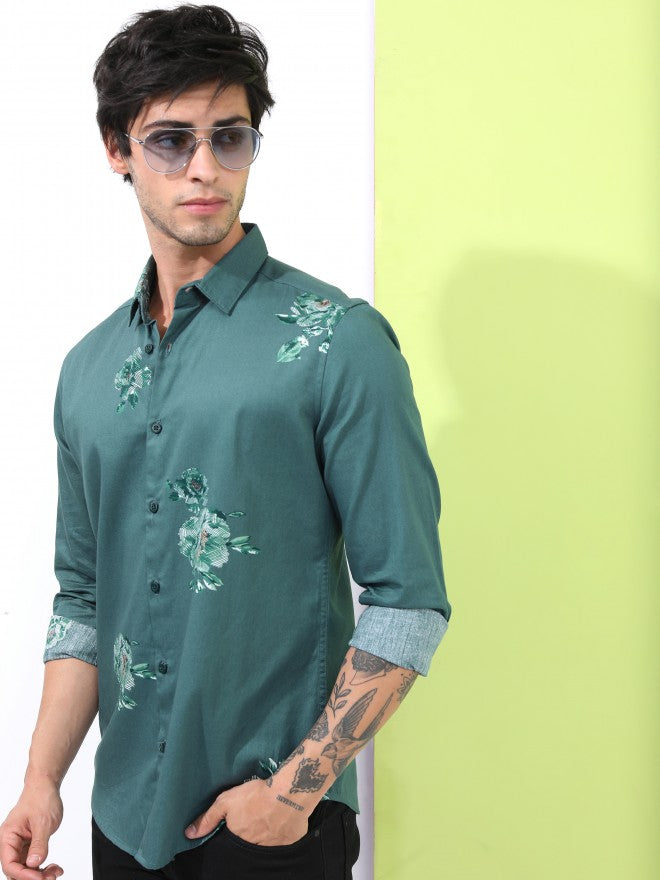 Highlander Men Teal Printed Slim Fit Casual Shirt - Teal - Image 4