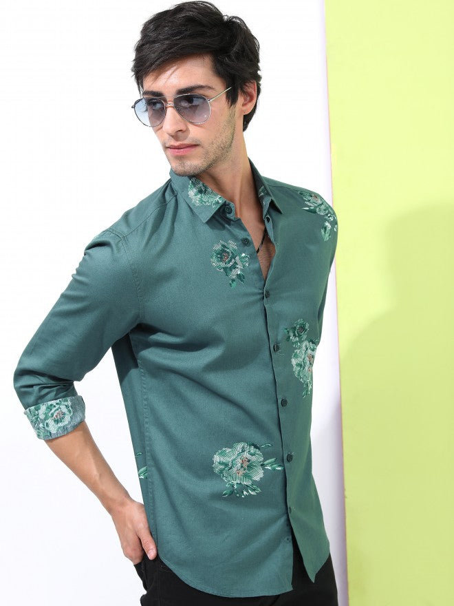 Highlander Men Teal Printed Slim Fit Casual Shirt - Teal - Image 6