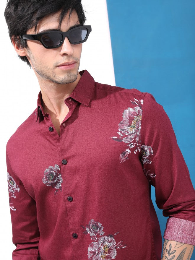 Highlander Men Maroon Printed Slim Fit Casual Shirt - Maroon - Image 1