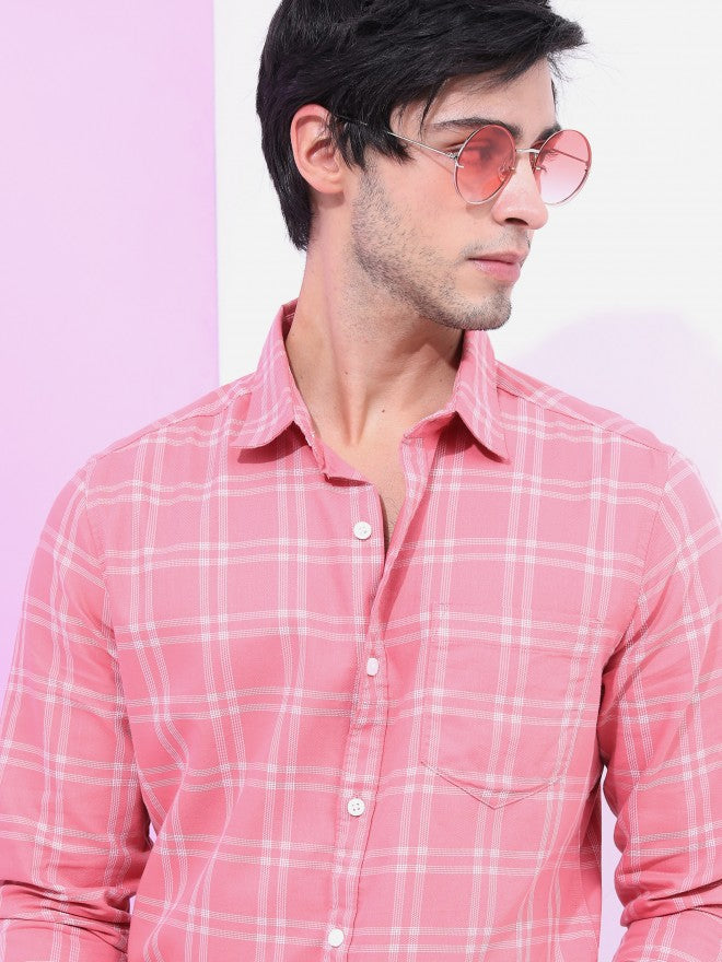 Highlander Men Peach Checked Slim Fit Casual Shirt - Beige - Image 1
