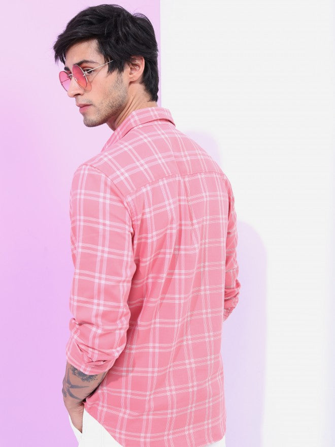 Highlander Men Peach Checked Slim Fit Casual Shirt - Beige - Image 3