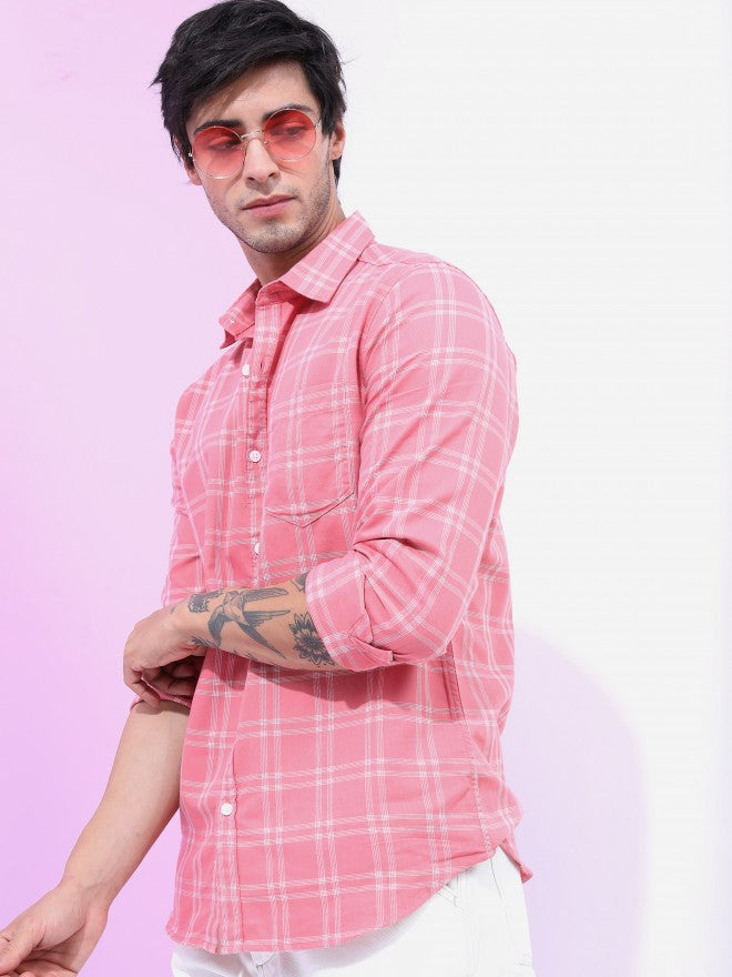 Highlander Men Peach Checked Slim Fit Casual Shirt - Beige - Image 4