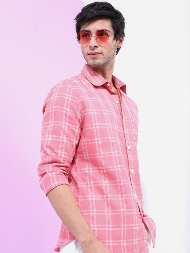Highlander Men Peach Checked Slim Fit Casual Shirt - Beige - Image 6