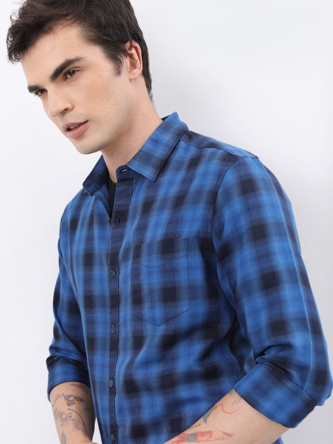 Highlander Men Blue Checked Slim Fit Casual Shirt - Blue - Image 1