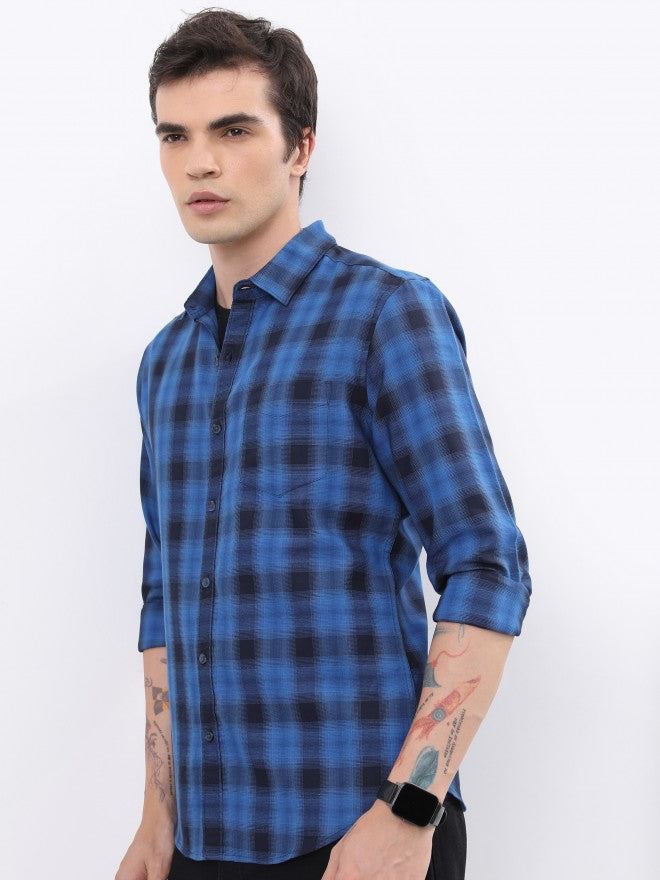 Highlander Men Blue Checked Slim Fit Casual Shirt - Blue - Image 4