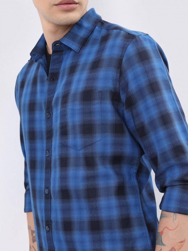 Highlander Men Blue Checked Slim Fit Casual Shirt - Blue - Image 5