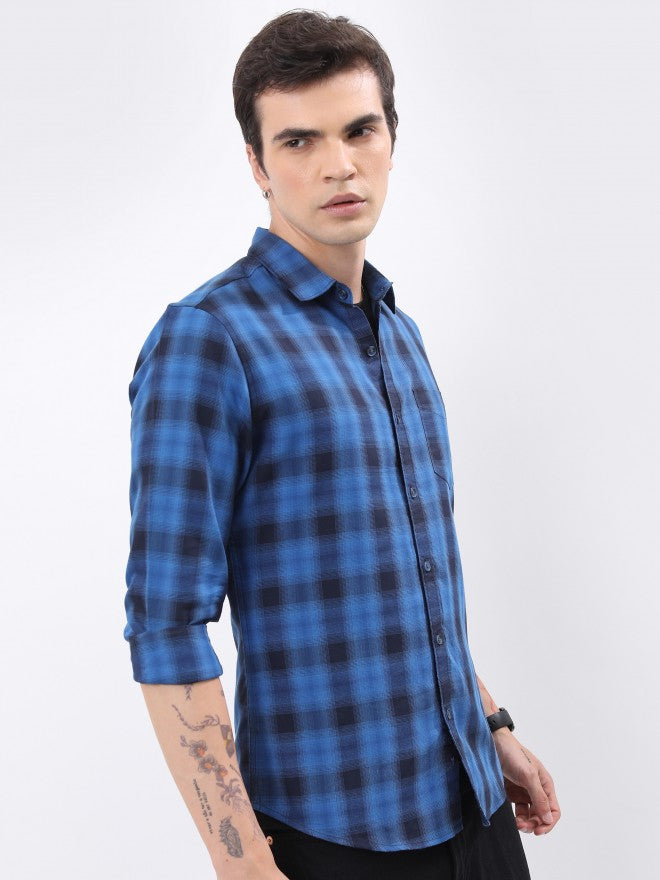 Highlander Men Blue Checked Slim Fit Casual Shirt - Blue - Image 6