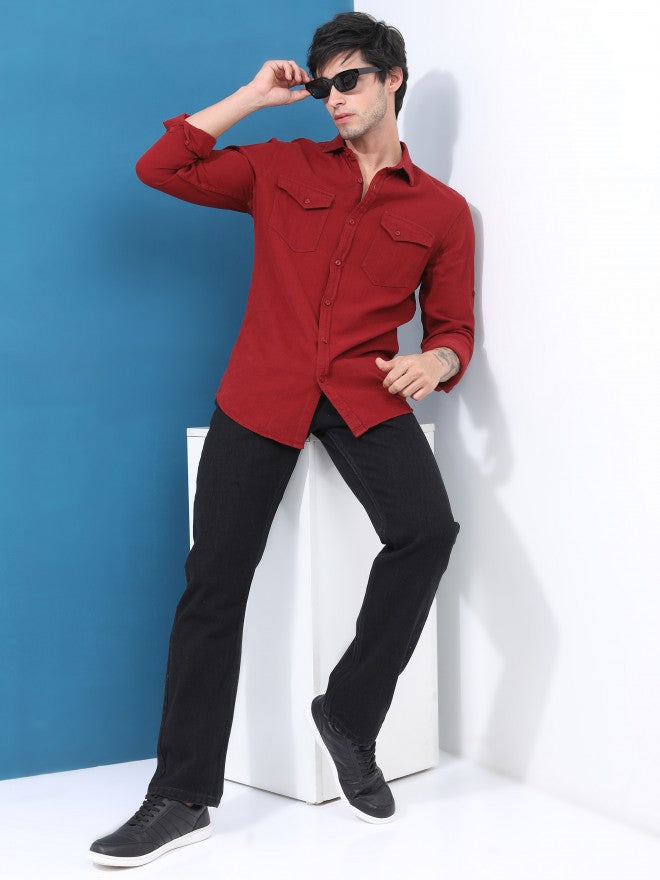 Highlander Men Maroon Solid Slim Fit Casual Shirt - Maroon - Image 2