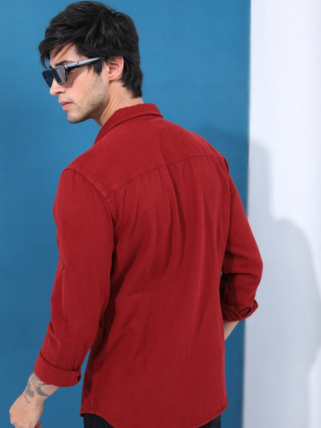 Highlander Men Maroon Solid Slim Fit Casual Shirt - Maroon - Image 3