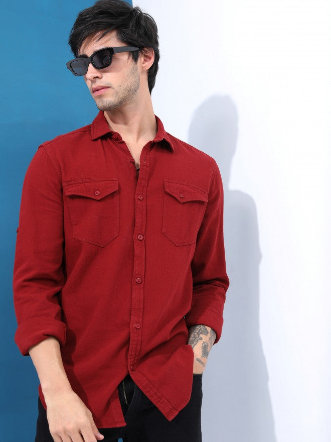 Highlander Men Maroon Solid Slim Fit Casual Shirt - Maroon - Image 4