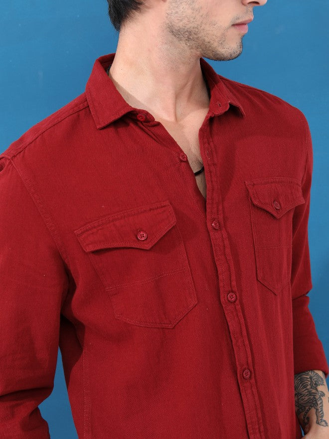 Highlander Men Maroon Solid Slim Fit Casual Shirt - Maroon - Image 5