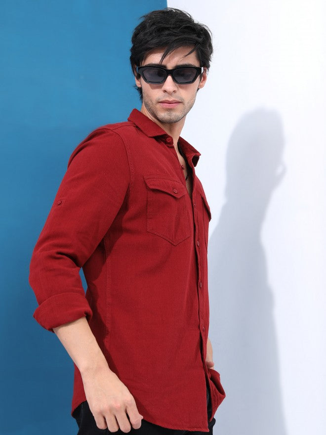 Highlander Men Maroon Solid Slim Fit Casual Shirt - Maroon - Image 6