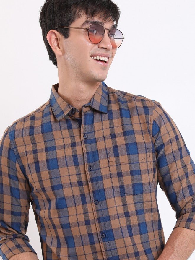 Highlander Men Brown Checked Slim Fit Casual Shirt - Brown - Image 1