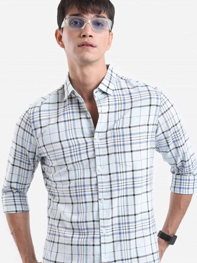 Highlander Men Light Blue Checked Slim Fit Casual Shirt - Blue - Image 1