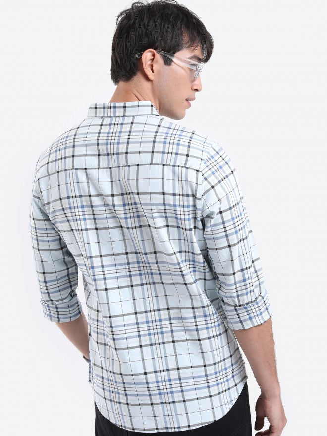 Highlander Men Light Blue Checked Slim Fit Casual Shirt - Blue - Image 3