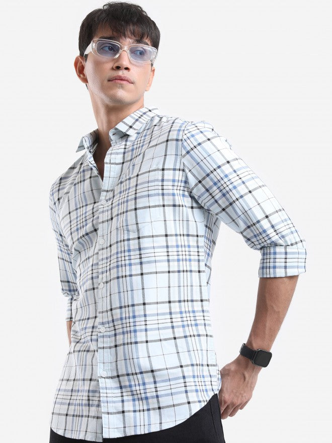 Highlander Men Light Blue Checked Slim Fit Casual Shirt - Blue - Image 4