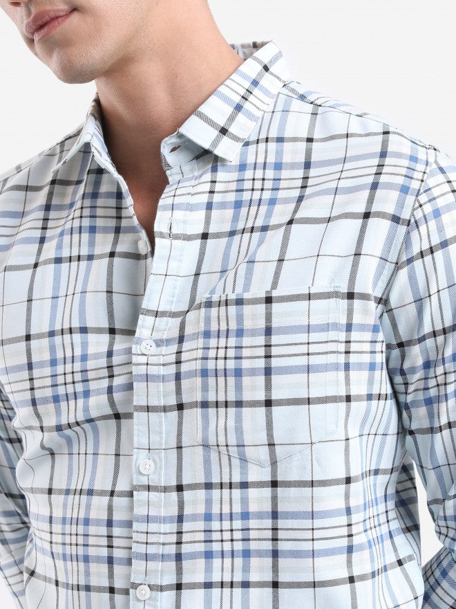 Highlander Men Light Blue Checked Slim Fit Casual Shirt - Blue - Image 5