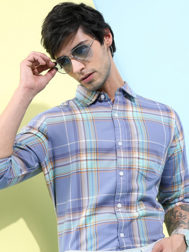 Highlander Men Lavender Checked Slim Fit Casual Shirt - Lavender - Image 1