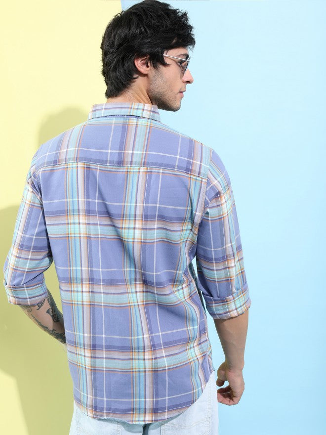Highlander Men Lavender Checked Slim Fit Casual Shirt - Lavender - Image 3