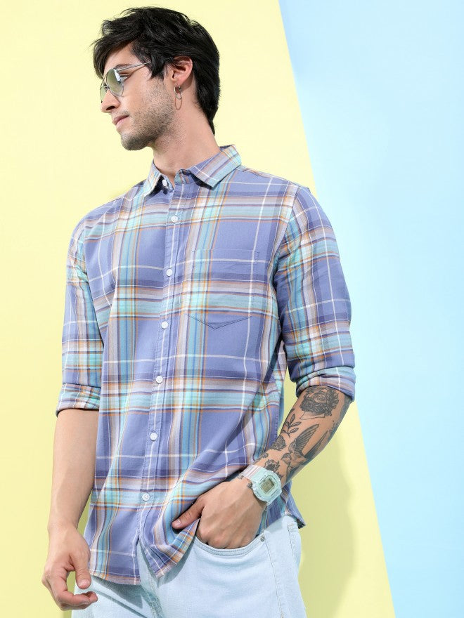 Highlander Men Lavender Checked Slim Fit Casual Shirt - Lavender - Image 4