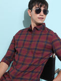 Highlander Men Burgundy Checked Slim Fit Casual Shirt - Burgundy - Image 1