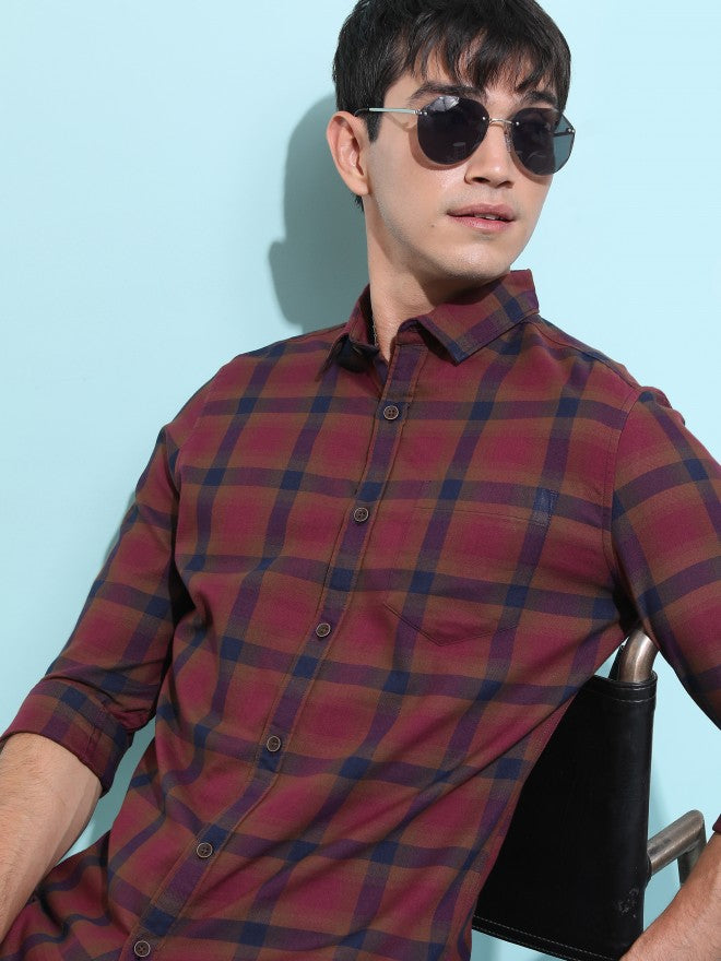 Highlander Men Burgundy Checked Slim Fit Casual Shirt - Burgundy - Image 1