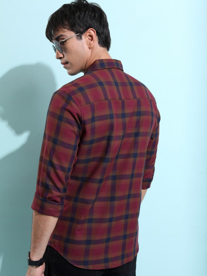 Highlander Men Burgundy Checked Slim Fit Casual Shirt - Burgundy - Image 3