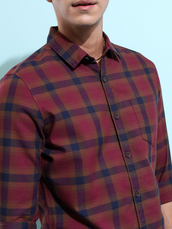 Highlander Men Burgundy Checked Slim Fit Casual Shirt - Burgundy - Image 5
