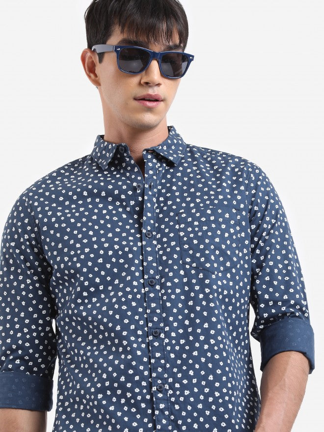 Highlander Men Navy Printed Slim Fit Casual Shirt - Navy Blue - Image 1