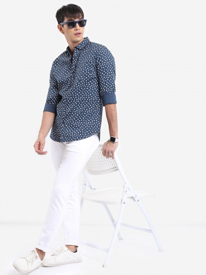 Highlander Men Navy Printed Slim Fit Casual Shirt - Navy Blue - Image 2