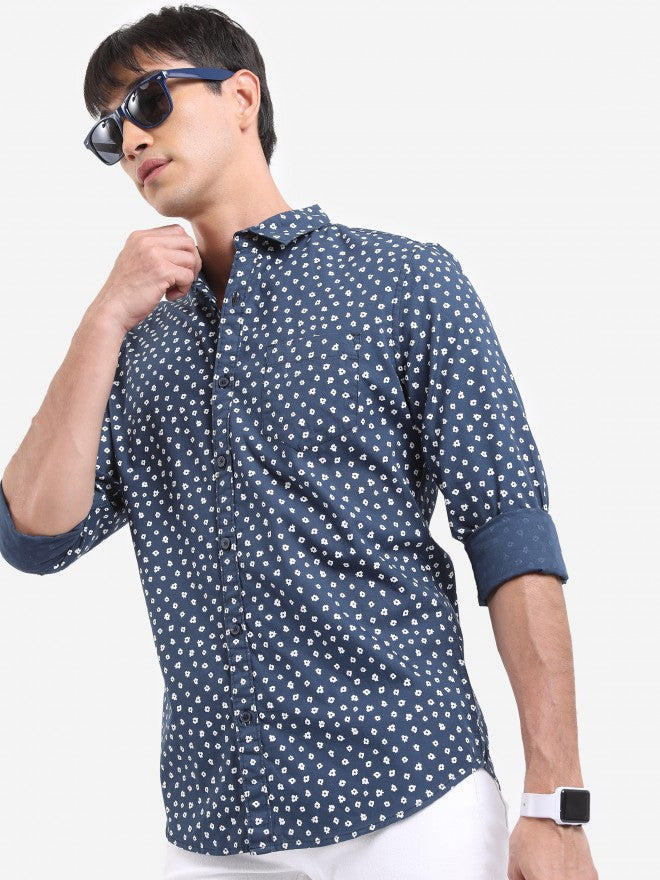 Highlander Men Navy Printed Slim Fit Casual Shirt - Navy Blue - Image 4