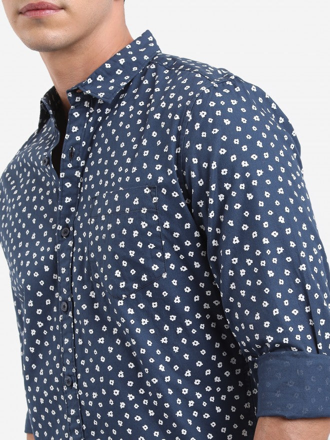 Highlander Men Navy Printed Slim Fit Casual Shirt - Navy Blue - Image 5