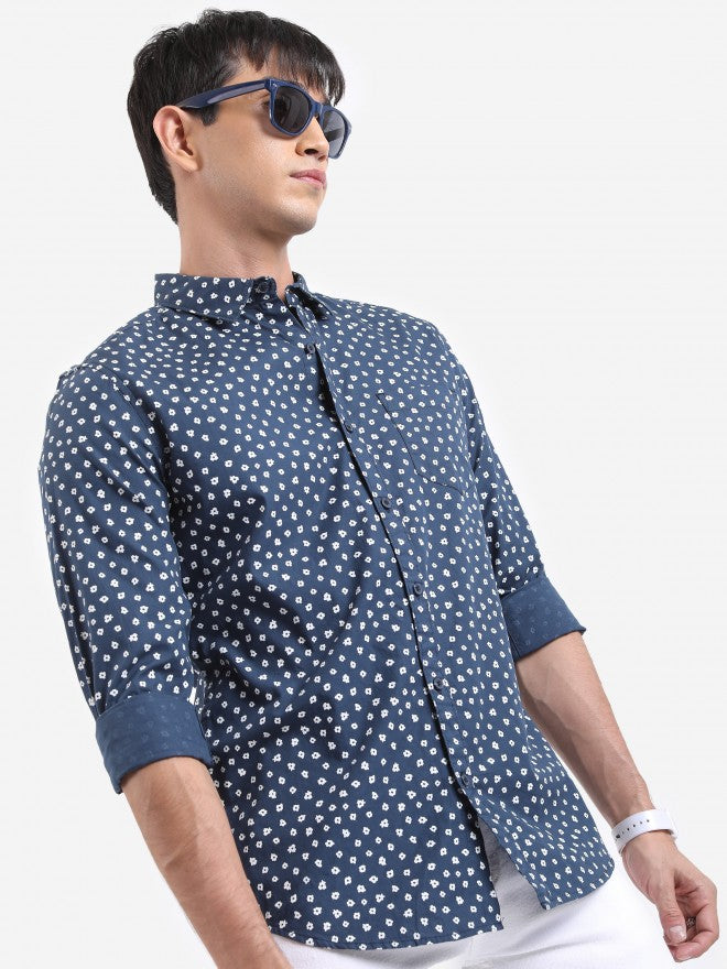 Highlander Men Navy Printed Slim Fit Casual Shirt - Navy Blue - Image 6