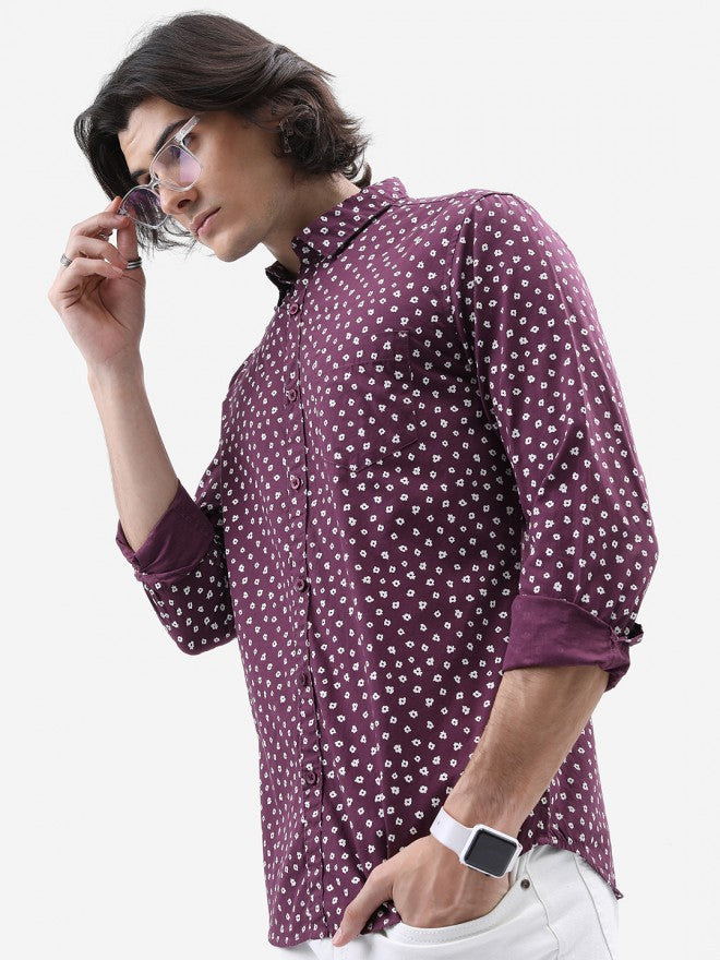 Highlander Men Plum Printed Slim Fit Casual Shirt - Purple - Image 1