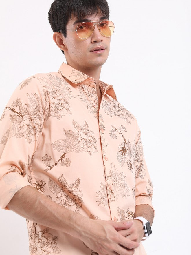 Highlander Men Peach Printed Slim Fit Casual Shirt - Peach - Image 1