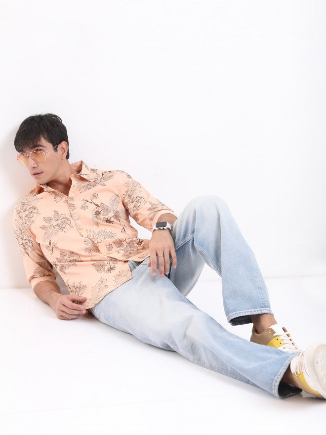 Highlander Men Peach Printed Slim Fit Casual Shirt - Peach - Image 2