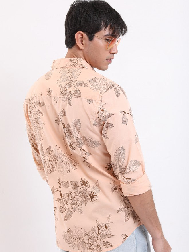 Highlander Men Peach Printed Slim Fit Casual Shirt - Peach - Image 3